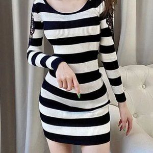 Long-Sleeve Lace Panel Striped Knit Mini Bodycon Dress